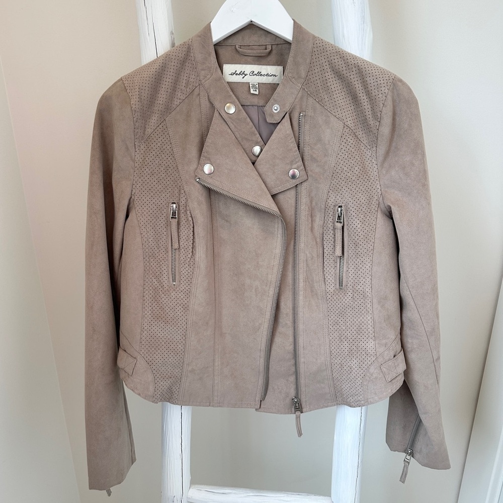 Sebby Collection Women’s Faux Suede Moto Jacket Taupe Size Large